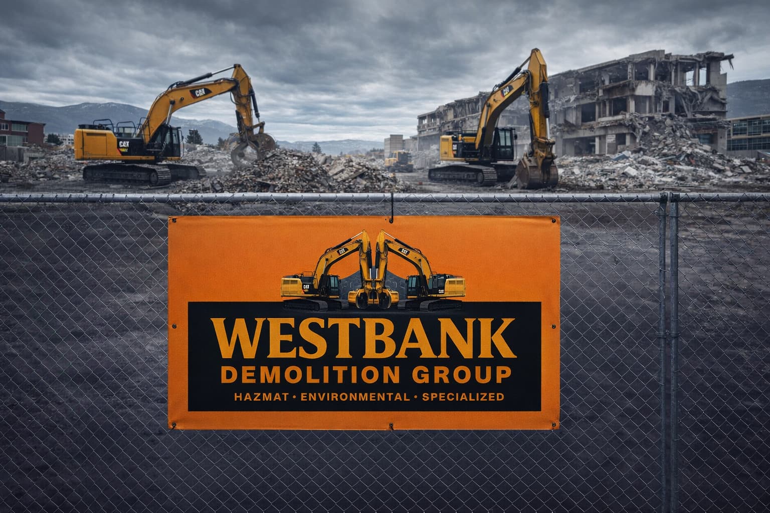Demolition crew operating excavator on active construction site in Kelowna